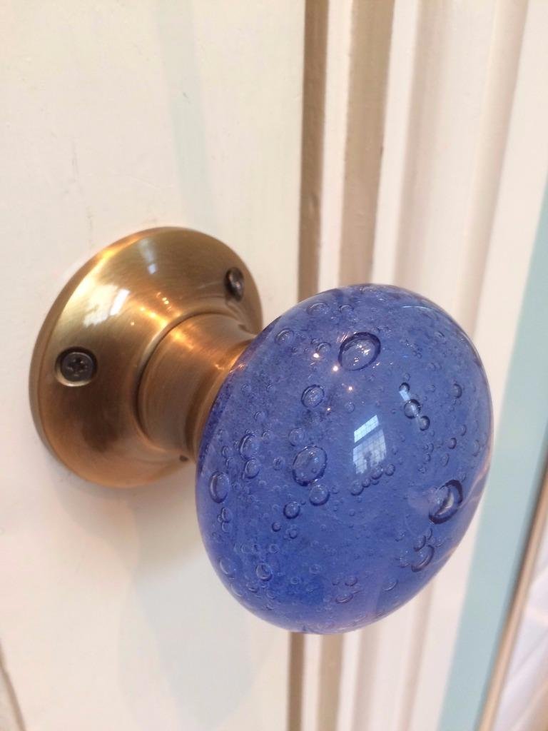 Chattels Beautiful Pair of Large Contemporary/Retro Round Blue Smooth Bubble Glass Antique Bronze Brass Mortice Door Knobs/Handles BDK-B-AB
