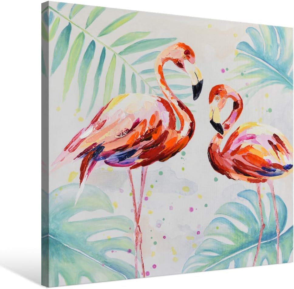 Paintings - Goldfoilart Flamingos Canvas Wall Art Animal Colorful Bird Tropical Canvas Painting with Hand Embellished Artwork Pictures for Living Room Bedroom Kitchen Décor 32