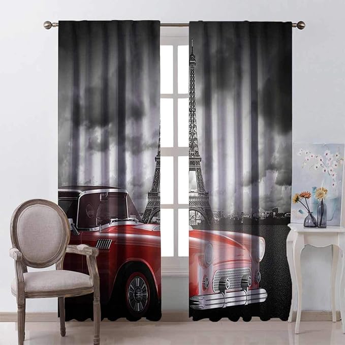 Amazon Com Paris Decor Heat Insulation Curtain Fancy Vintage Car With Tour Eiffel In Cold Cloudy Day Romantic Theme Retro Style Art Photo For Living Room Or Bedroom W52 X L95 Inch Grey