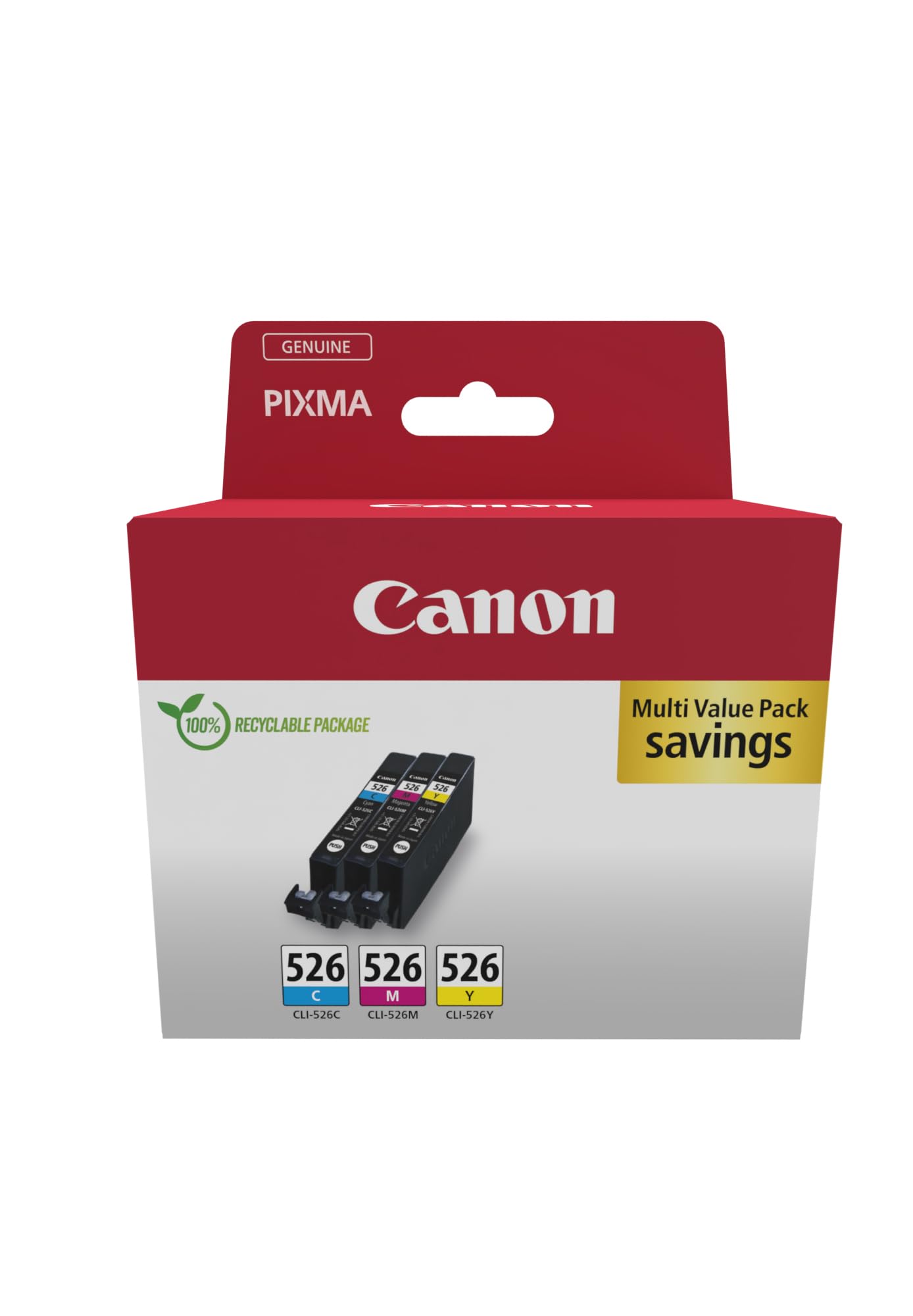 Canon CLI-526 C M Y Pack of 3 cartridges (Cyan Magenta Yellow) Genuine (Recycled Cardboard Multipack)