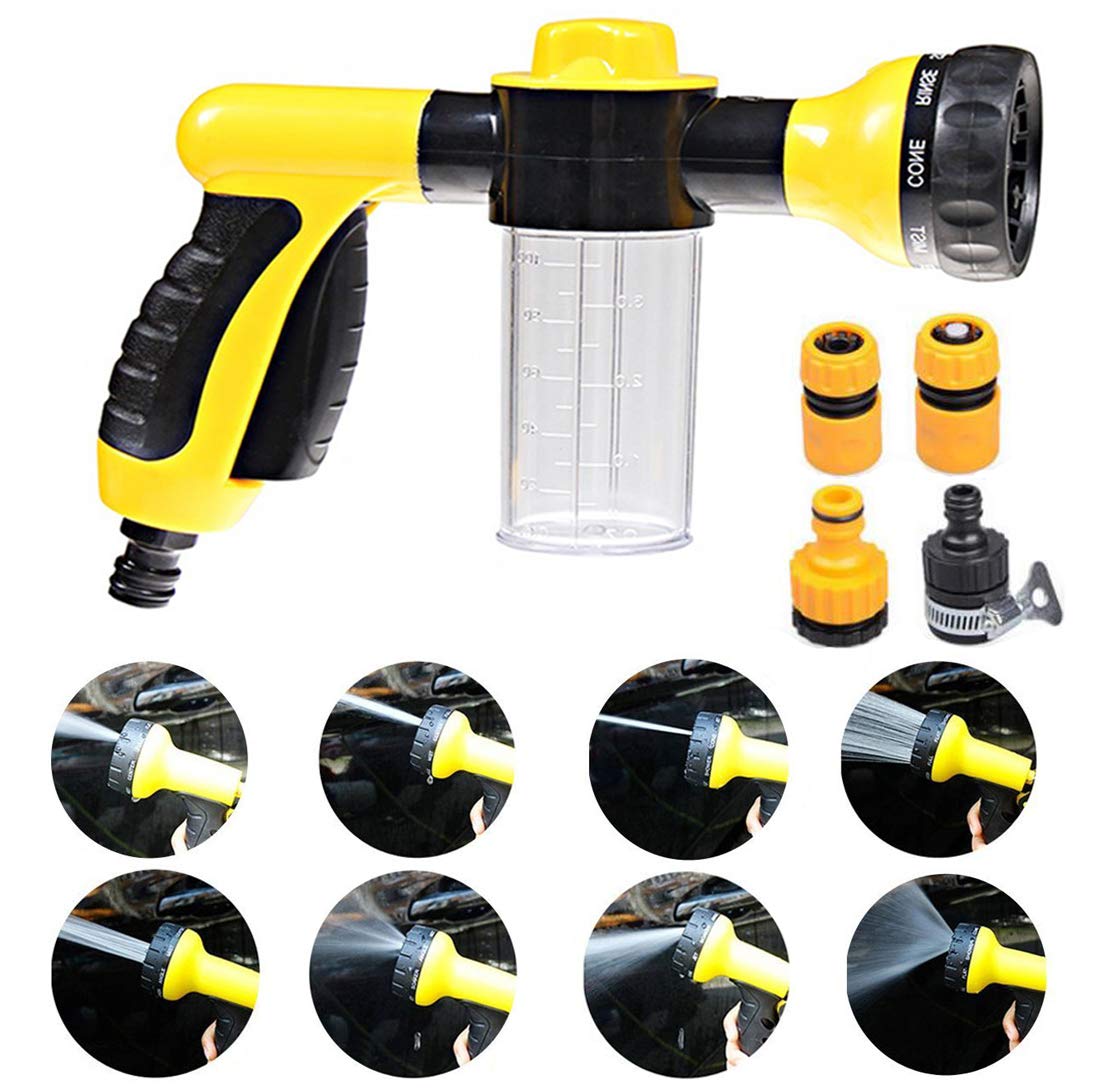 Garden Foam Water Sprayer, 8 Adjustable Patterns Heavy Duty Hose Nozzle Sprayer Gun, Comfort Rubber Grip High Pressure Flow Control Gardening Tool, for Watering Lawn Car Washing Pet Showering (yellow)
