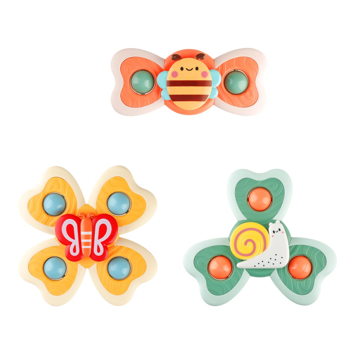 Lotsdonxia 3 Pcs Suction Cup Baby Spinner Bath Toys - Rotating Crystal Bell Sensory Toys with Silicone Teether, Educational Travel Activity Spinner for High Chair, Car Journeys (Style B)