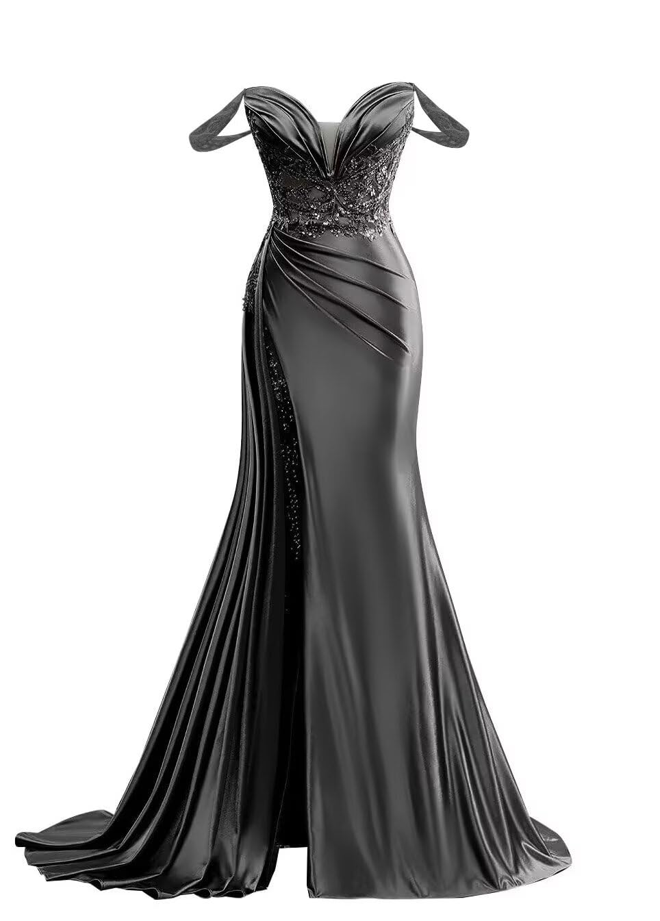 Photo 1 of Off Shoulder Prom Dresses Long 2025 Satin Beaded Formal Dresses Pleated Evening Party Gown with Slit Tail-Size Black 4