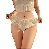 OYOANGLE Women's Lace Sheer Ruffle Thong Panties Bowknot Mid Rise Comfortable Underwear