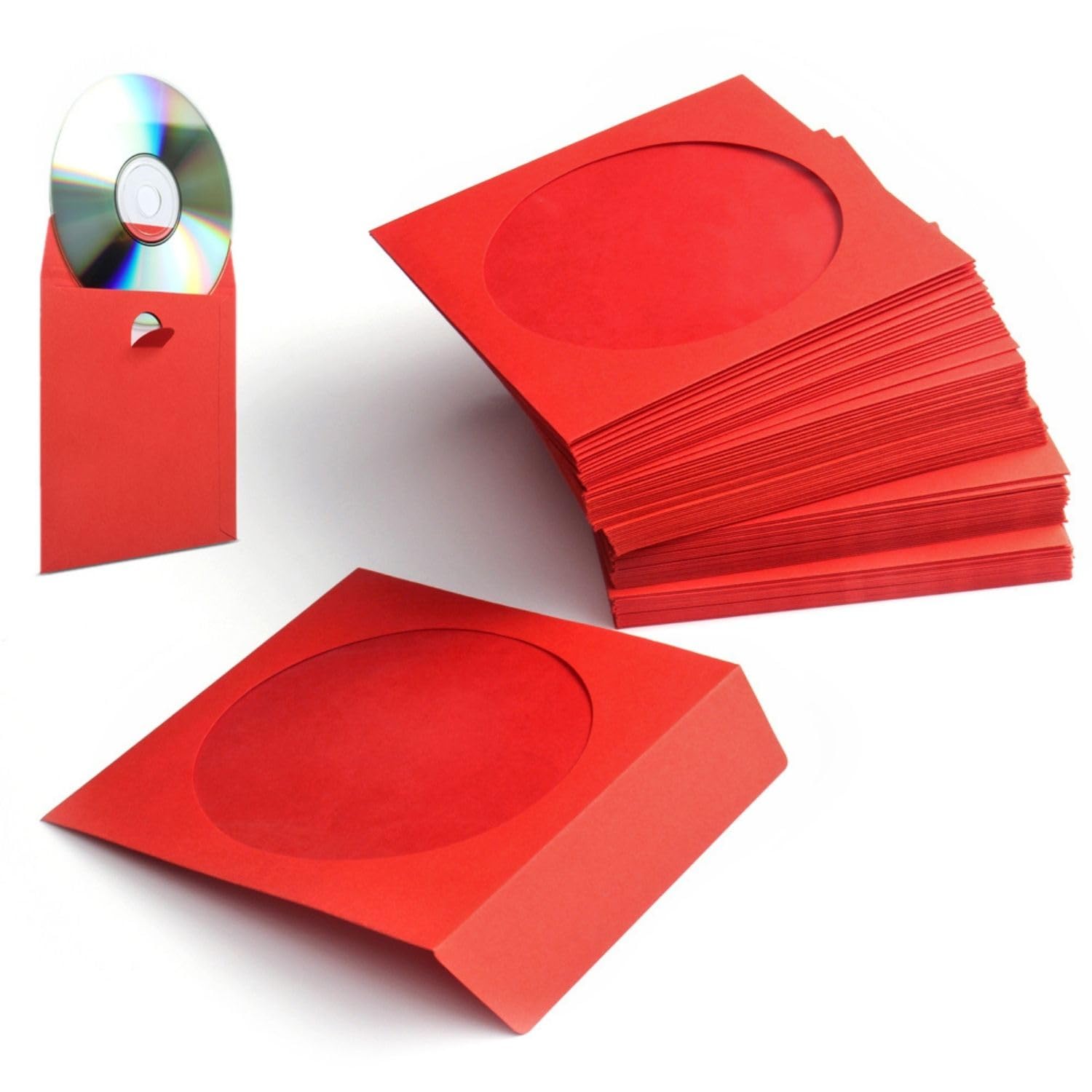 Flexzion DVD CD Sleeves 100 Pack - Premium Paper CD Sleeves for Blank CDs for Burning Music Movie Video Game Disc - Thick Disc Sleeve CD Envelopes Storage with Window Cutout and Flap, Red