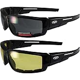 Global Vision 2 Pair of Sly Padded Motorcycle Sunglasses Gloss Black Frames with Smoke and Yellow Lenses