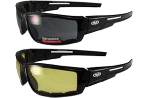 Global Vision 2 Pair of Sly Padded Motorcycle Sunglasses Gloss Black Frames with Smoke and Yellow Lenses