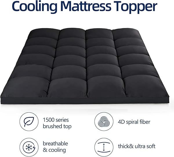 MATTRESS TOPPER KING FOR BACK PAIN, EXTRA THICK MATTRESS PAD COVER, PLUSH PILLOW TOP, DEEP ELASTIC POCKET, BLACK