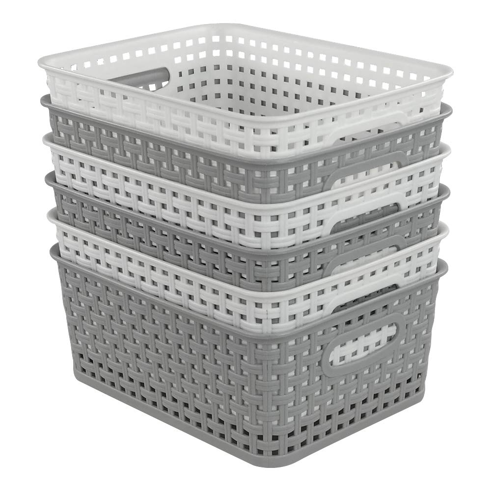 Dynko Plastic Weave Rattan Storage Basket, 6 Packs, Grey White