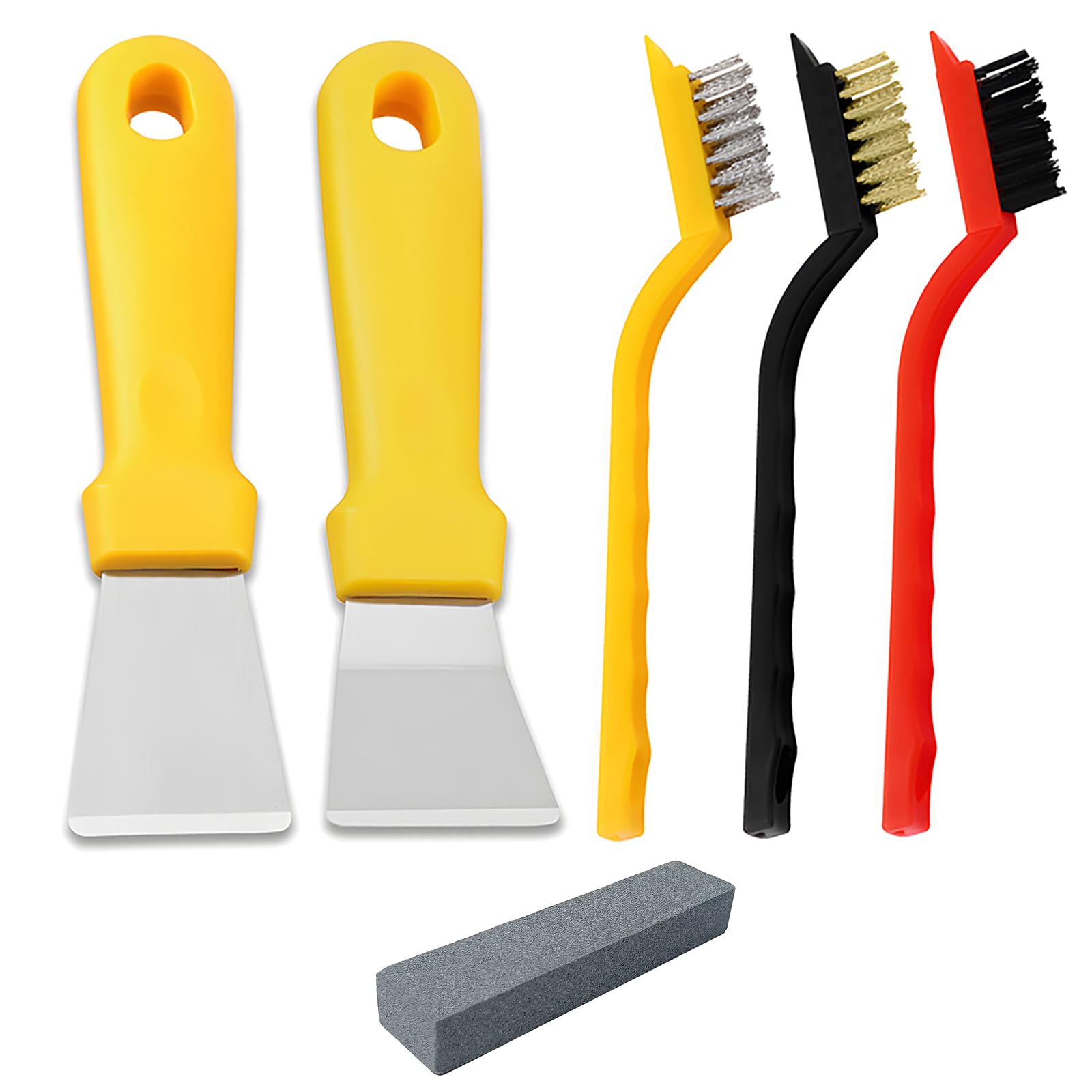 JXPXJMY 5PCS Cleaning Tool Set Including 2 Scrapers and 3 Brushes, Stainless Steel Multifunctional Scraper with Sharpening Stone for Stove Cookware Oven Floor Drain Refrigerator (Yellow)