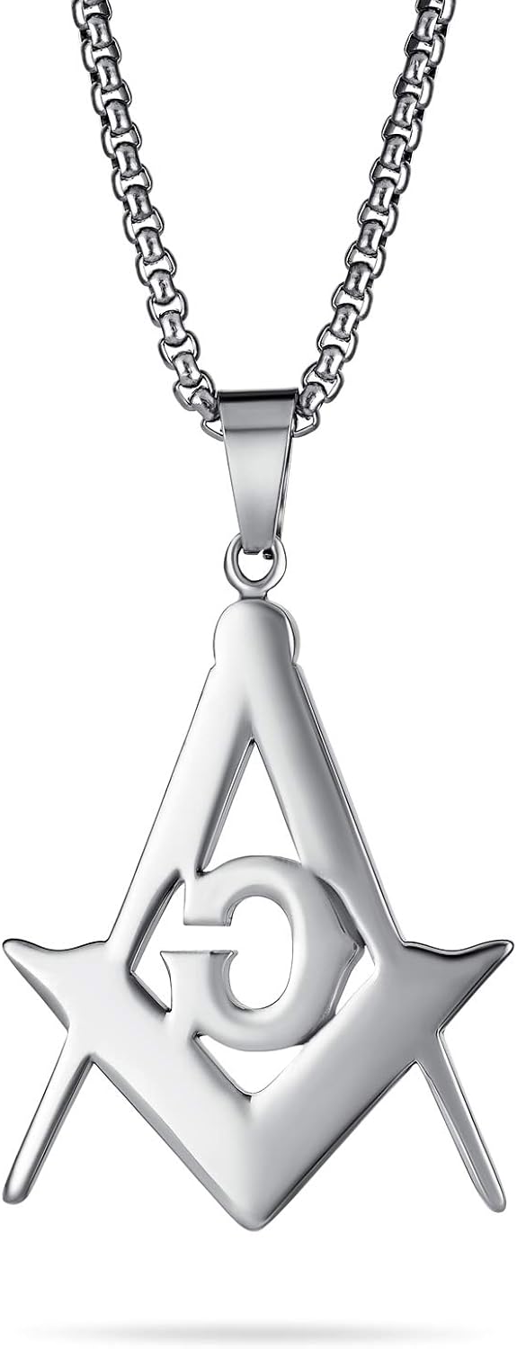 Bling Jewelry Black Oxidized Large Freemason Secret Society Square & Compass Masonic Symbol Pendant Necklace For Men Silver Tone Stainless Steel With Bead Chain - Image 4