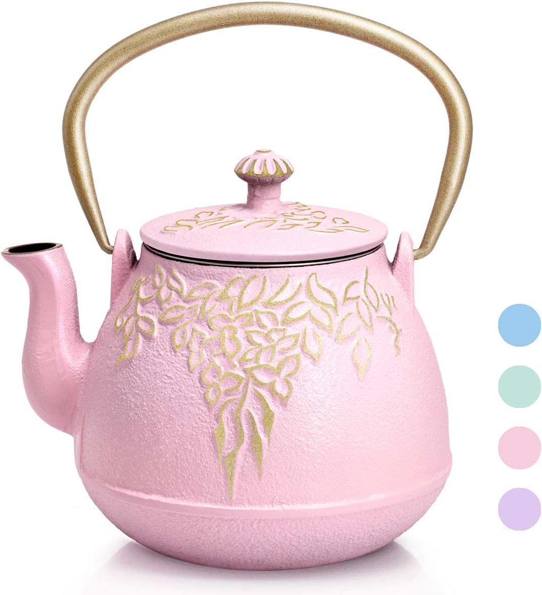 Cast Iron Teapot,Tea Kettle,tea pot with infusers for loose tea,Tea kettles tea pots,Leaf Design Teapots Coated with Enameled Interior for 32 Ounce,Candy Pink