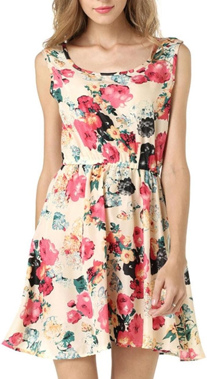 URSING_Damen Sommerkleid Frauen Ärmellos Blumendruck Chiffon