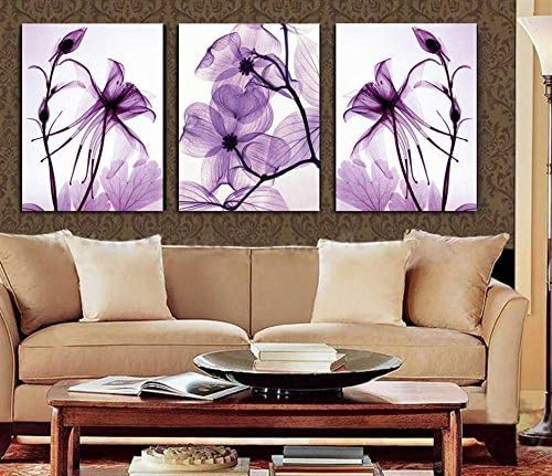 Spirit Up Art Hot Sell Transparent Purple Flowers HD Print on Canvas Abstract Art Modern Home Decoration Wall Painting Set of 3 Each 40*60cm #11-synj-11 (framed)