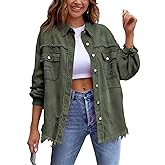 Women's Casual Ripped Denim Jacket Oversized Long Sleeve Button Down Raw Hem Distressed Jean Jackets
