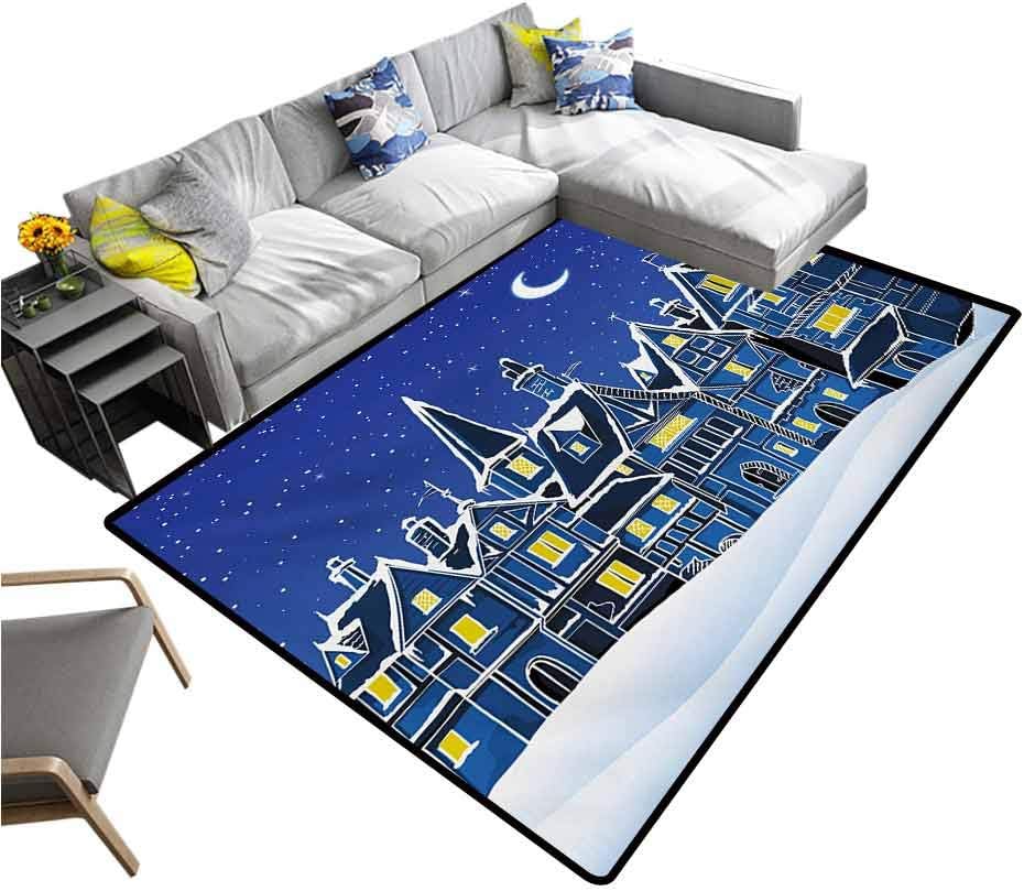 Xmas Rug Pad Town in Snow Old Houses Winter Season Moon and Stars Night Christmas Inspired Yoga Mat Rug Blue Yellow White (5'7"x6'6")