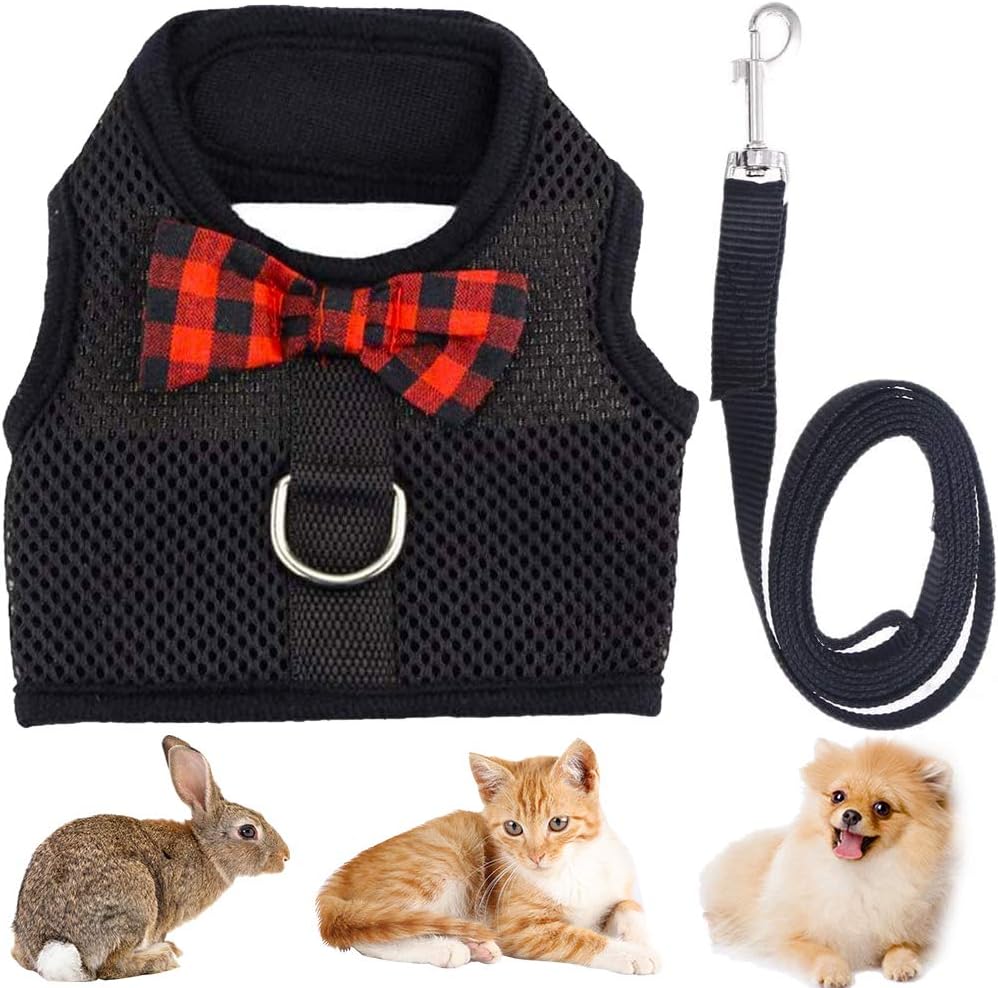 Soft Harness With Leash for Small Animals Rabbit Harness and Lead Set including Cute Bow Tie and Bell Mesh Adjustable Vest Harness