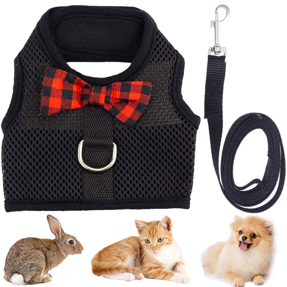 Soft Harness With Leash For Small Animals, Rabbit Harness and Lead Set with Cute Bow Tie and Bell Mesh Adjustable Vest Harness