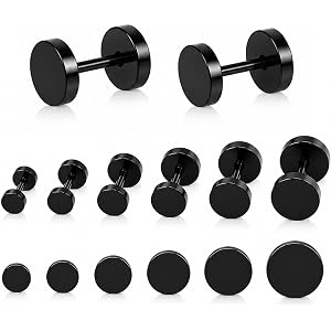 6 Pairs 18G Black Flat Stud Earrings, Hypoallergenic 316L Stainless Steel | Sizes from 3mm to 8mm with minimalist style, secu