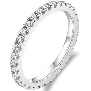Delzzad Full Eternity Moissanite Ring for Women, 1CT Round Cut VVS1 D Color Stackable Eternity Band, 2mm Thin Wedding Band Ri