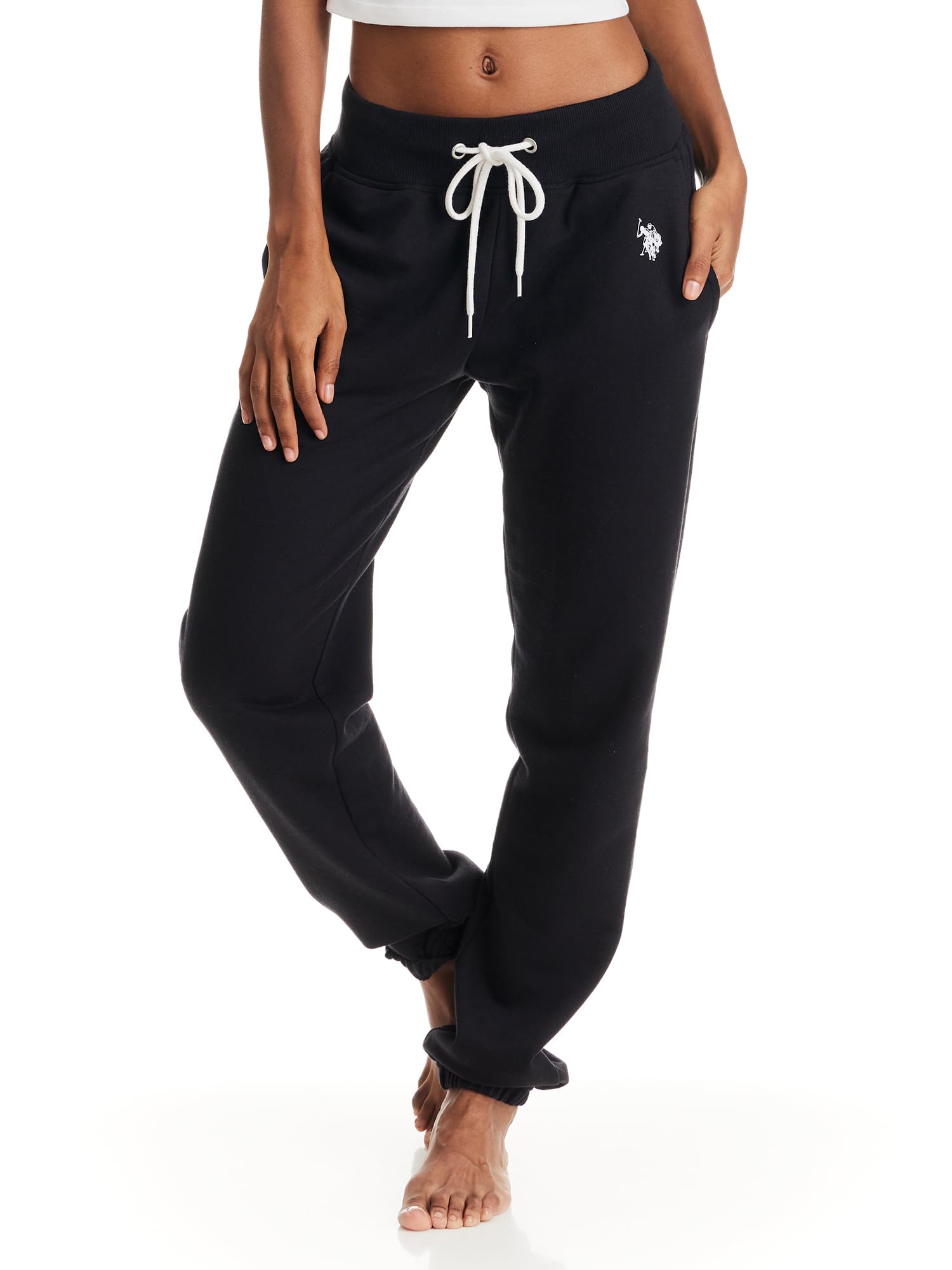U.S. Polo Assn. Womens Sweatpants with Pockets, French Terry Black Lounge Pants, Black Joggers (Black, Large)