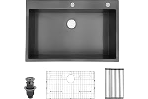 Kichae 28 Inch Black Kitchen Sink Drop In- 28x22 Gunmetal Black Stainless Steel Drop In Kitchen Sink Topmount 16 Gauge Deep Single Bowl Kitchen Sink Handmade Basin Round Corner