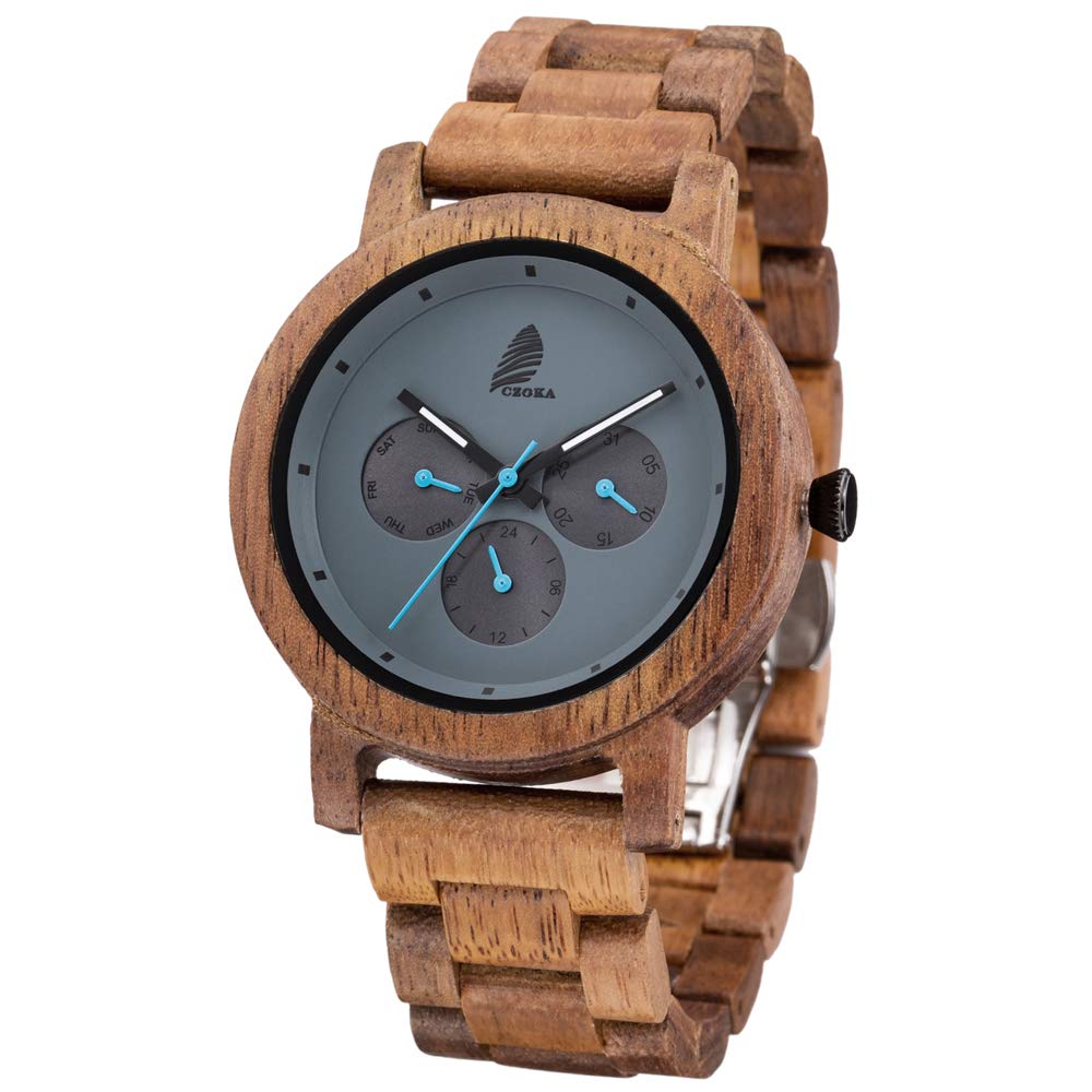 CZOKA Wooden Watches for Men Women, Natural Black Walut/Olive Wood Japan Quartz Chronograph Watch with Adjustable Strap, Three Sub-dial Date Display Military Sports Casual (Acacia)
