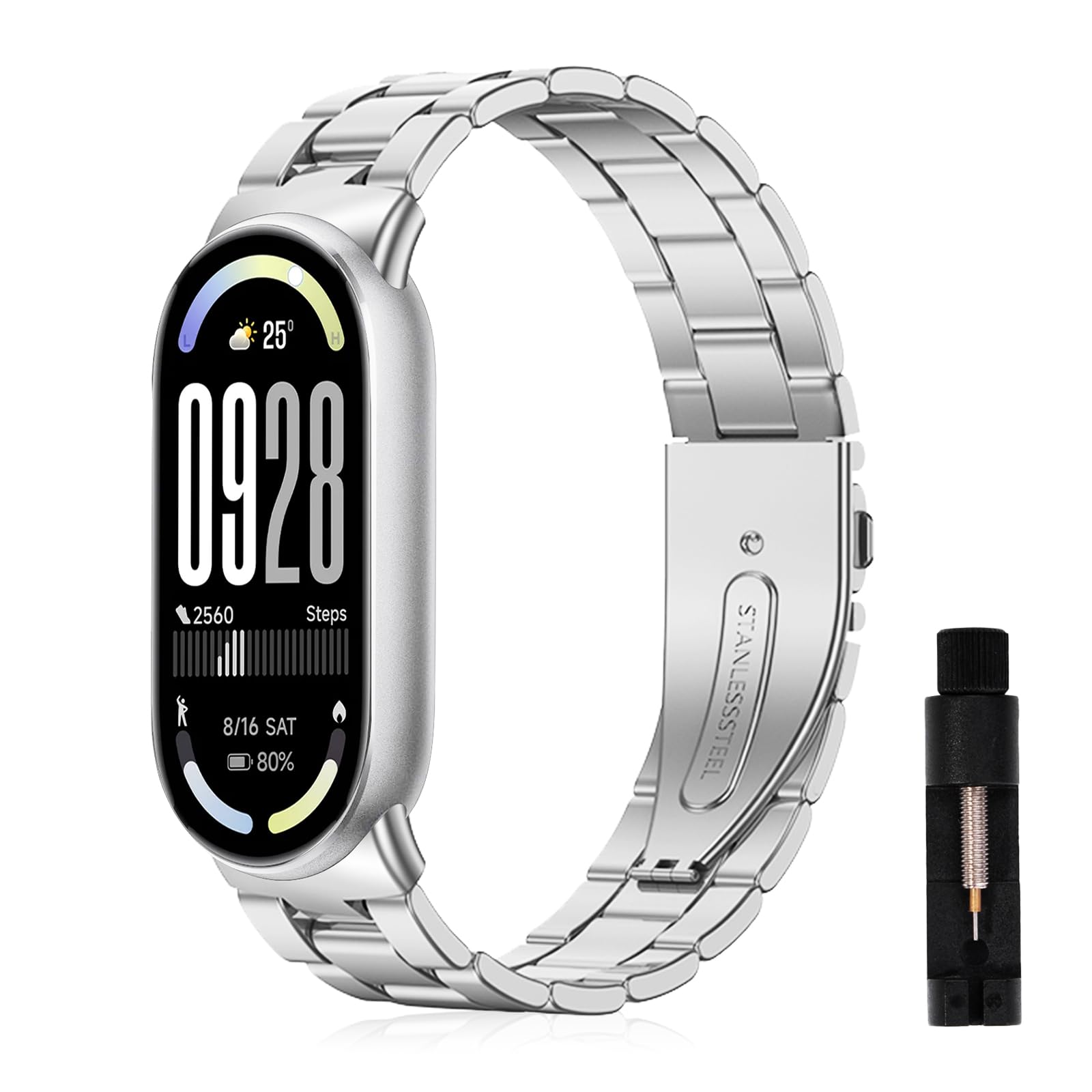 SeNool Strap for Xiaomi Smart Band 10/ Band 9/ Band 8, Metal Stainless Adjustable Replacement Smart Watch Strap Band for Men Women for Xiaomi Mi Band 10/9/ 8 - Silver