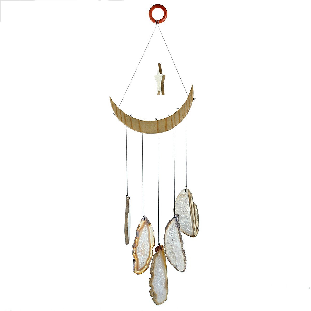 mookaitedecor Natural Agate Slice Crystal Wind Chime for Bedroom Window Indoor Outdoor Decor, Star & Moon Healing Crystal Wall Art Hanging Ornament Reiki Wind Chime Gift Good Luck Feng Shui Home Decor