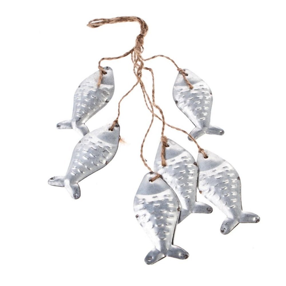Heaven Sends A Nautical Silver Fish Shoal Hanging From Jute Twine. Chic Tin / Metal Decoration