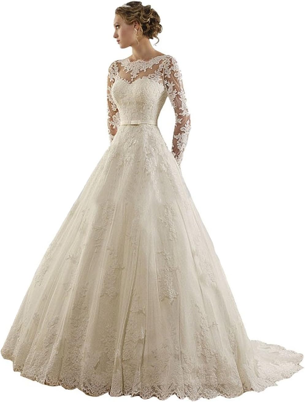 Women's Jewel Lace Applique Long Sleeves Sash Chapel Train A Line Wedding Dress