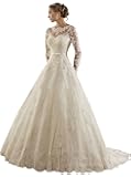 LYDIAGS Women's Jewel Lace Applique Long Sleeves Sash Chapel Train A Line Wedding Dress