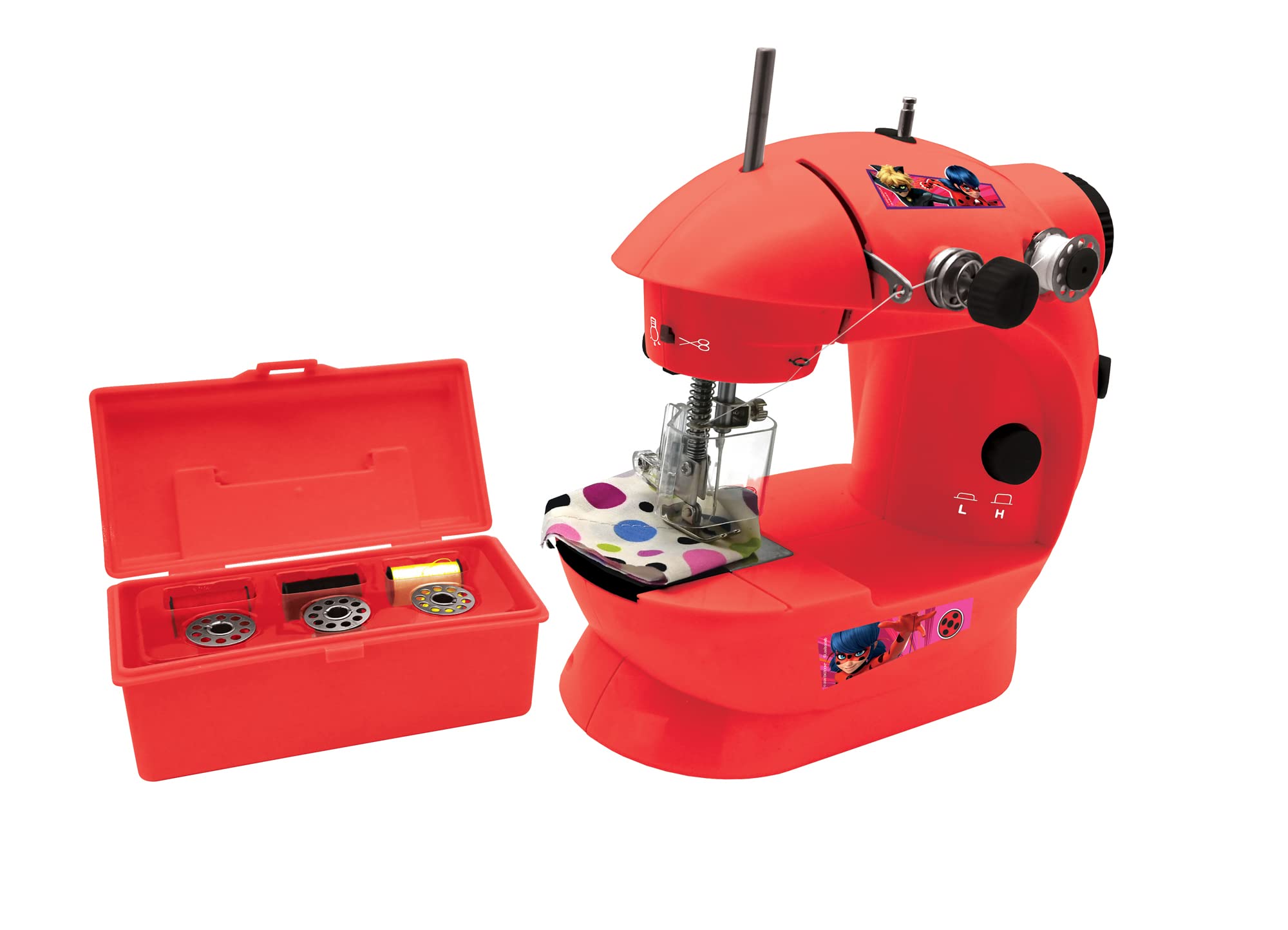 LEXIBOOK, Miraculous Ladybug Cat Noir, Sewing machine with accessories, light and pedal, imitation role play toy for girls, fashion design game, red, SW100MI