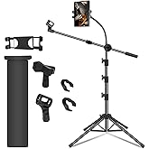 Mic Stand, Microphone Stand Floor Boom Mic Stand with Tablet Phone Holder Height Adjustable Four-legged Stand Gooseneck Boom 