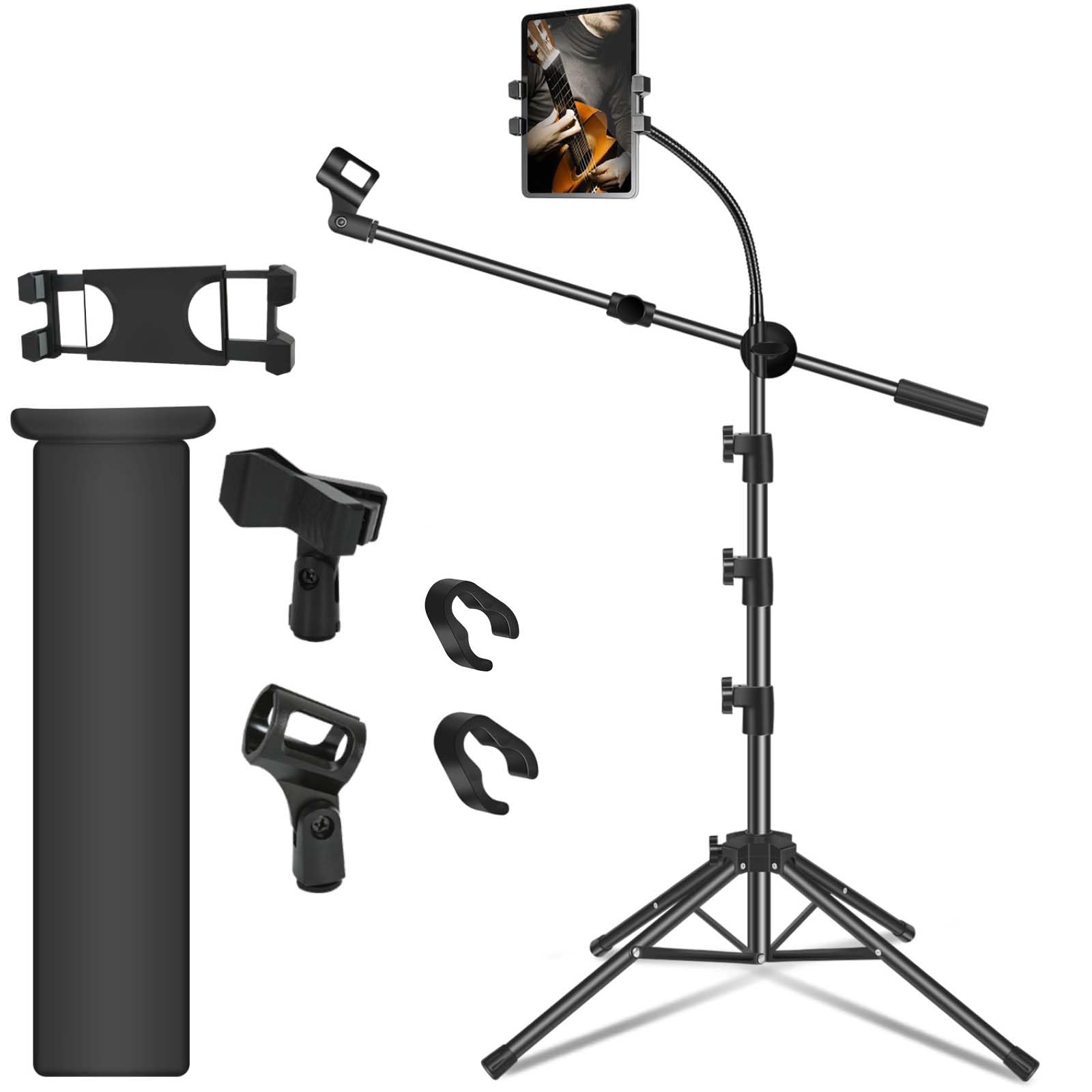 Photo 1 of Mic Stand, Microphone Stand Floor Boom Mic Stand with Tablet Phone Holder Height Adjustable Four-legged Stand Gooseneck Boom Arm with 2 Mic Clips for Singing Stage Performance Party