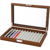 Pen Display Box, Elegant Walnut Fountain Pen Storage Case, 12 Slot Display, Smooth Woodgrain, Glass Cover, Smooth Metal Hinges Pen Display Case Ideal for Collectors