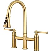 Brushed Gold Bridge Kitchen Faucet with Pull Down Sprayer, Lava Odoro Transitional Brass Kitchen Sink Faucet 3 Hole 2 Handle 