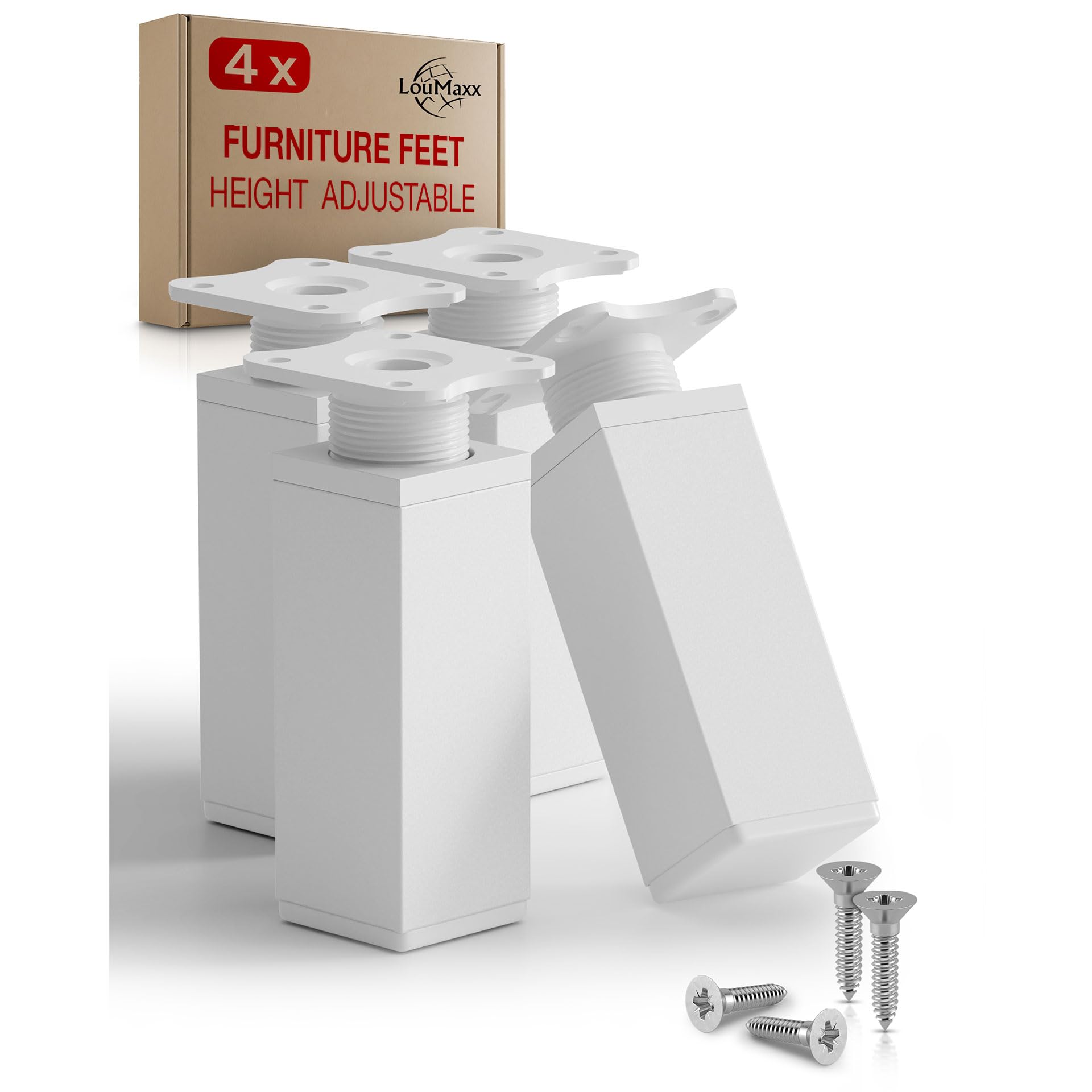 LouMaxx Furniture Legs 4pc Set 40x40x100mm White Square - Adjustable Cabinet Legs with Mounting Plate - Height Adjustable Legs for Cupboard Units