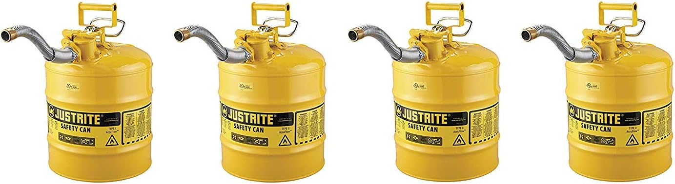 Justrite 7250230 AccuFlow 5 Gallon, 11.75" OD x 17.50" H Galvanized Steel Type II Yellow Safety Can with 1" Flexible Spout (Pack of 4)