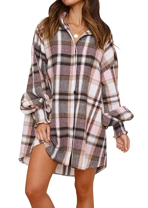 Danedvi Womens Oversized Flannel Plaid Shirts Jacket Ballon Sleeve Button Down Shacket Coats Pink