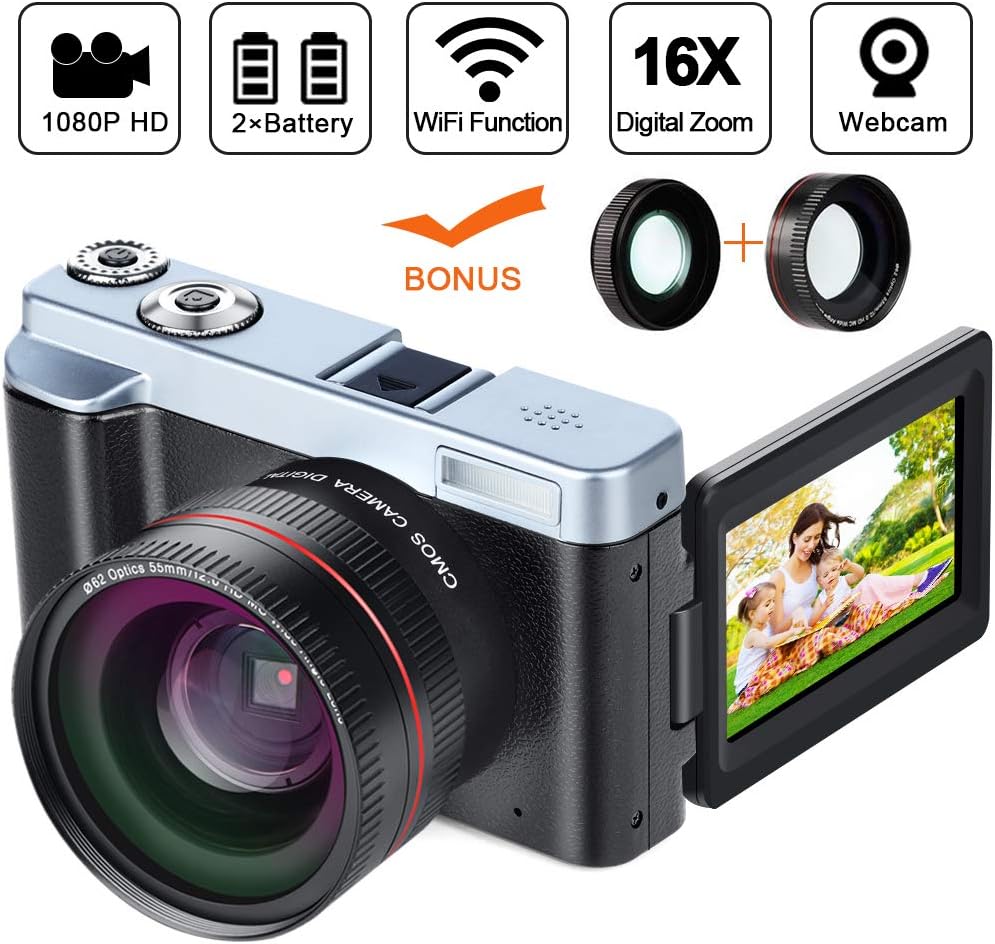 Digital Video Camera Camcorder DIWUER WiFi Vlogging Camera for YouTube Full HD 1080P 30FPS 3.00 Inch Flip Screen 16X Digital Zoom Recorder with Wide Angle Lens and Two Batteries
