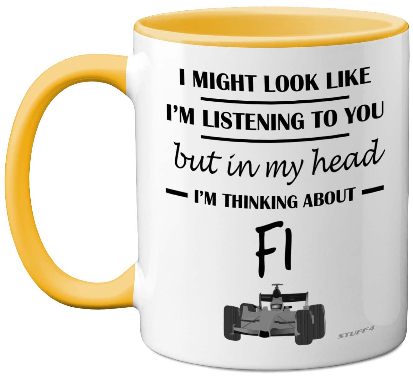 Stuff4 Formula 1 Gifts - in My Head I'm Thinking About F1 - Funny F1 Gifts for Men, Car Lover for Him, Mug, Formula One 11oz Ceramic Dishwasher Safe Yellow Handle Mugs Novelty Cup
