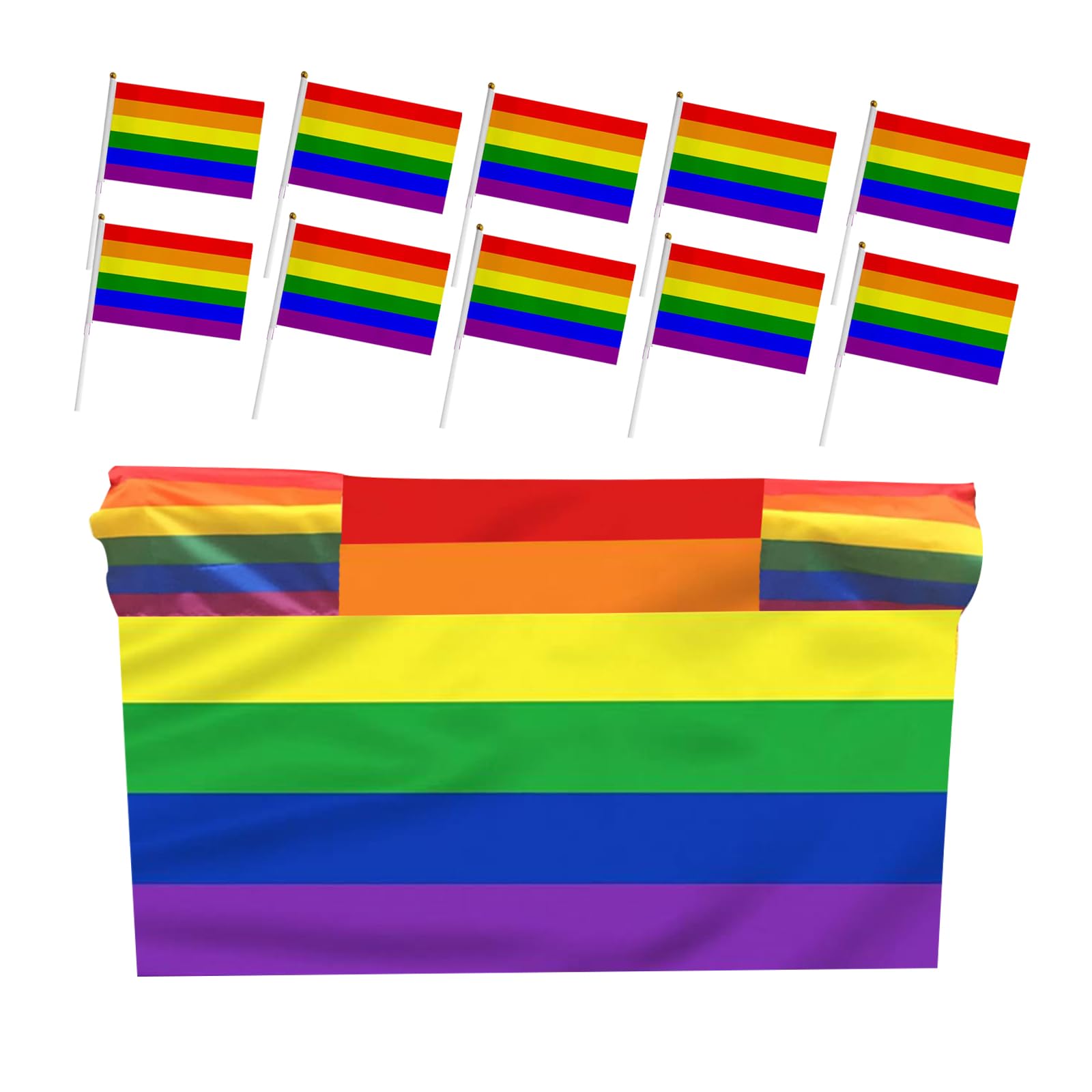 5x3ft Rainbow Cape Flag&10packs Rainbow Pride Hand Waving Flagstrans, LGBT Gay Pride Flag Rainbow Flag Large for Gay Pride Decorations Parade Festival Decor