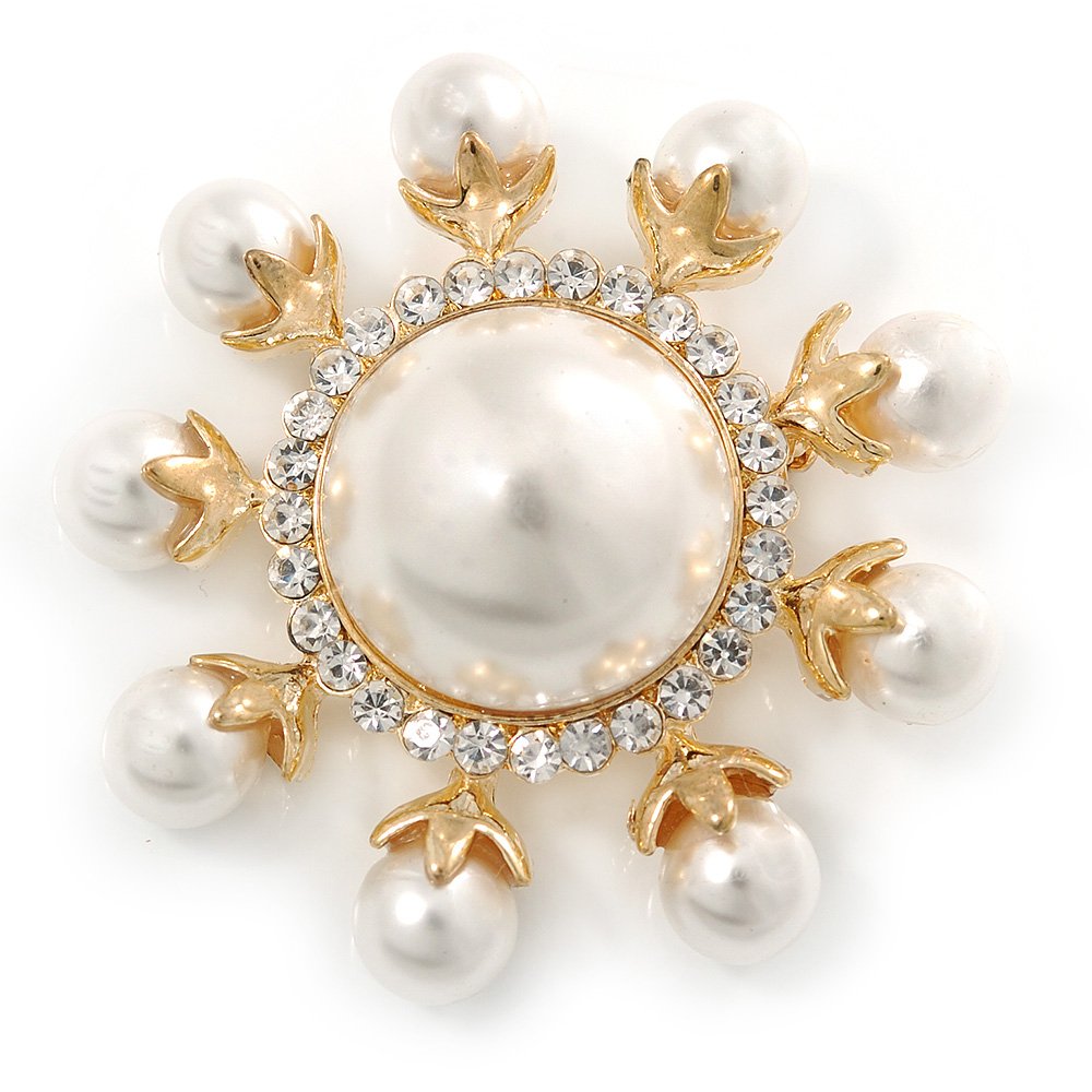 Gold Plated White Glass Pearl, Crystal Sunflower Brooch - 45mm Across