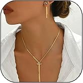 TACBSP Gold Bow Necklace Earrings Set for Women Long Bow Ribbon Set Long Bowknot Tassel Earrings Gold Snake Chain Necklace Christmas Jewelry Gifts
