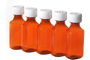 VAKLY Plastic Amber Liquid Medicine Bottles with Child Resistant Caps 2oz Pack of 5 Oval Pharmaceutical Prescription Dispensing Bottle with Safety lids - Light-sensitive Pharmacy Container (2oz. 5 Pack)