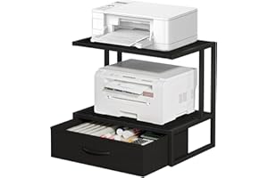 VYUOL Printer Stand with Storage for Desk, with Fabric Drawer Desktop Printer Stand Shelf Organzier for Home Office, for Above and Under Desk Printer Table, Fax Machine Copier Scanner, Black