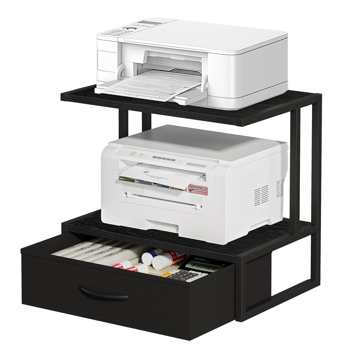 Photo 1 of VYUOL Printer Stand with Storage for Desk, with Fabric Drawer Desktop Printer Stand Shelf Organzier for Home Office, for Above and Under Desk Printer Table, Fax Machine Copier Scanner, Black