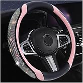 Muamos Bling Leather Steering Wheel Cover, Diamond Crystal Rhinestones Sparkly Steering Wheel Protector for Women Girls Soft Breathable Non-Slip Universal Fit 15" Car Accessories - Pink