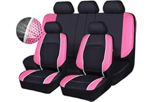 HORSE KINGDOM Leather Car Seat Covers, 3D Air Mesh Universal Seat Cover Full Set for Women,Truck,Suvs,Sedans,Breathable Faux Leather with Aibag(Black and Pink)